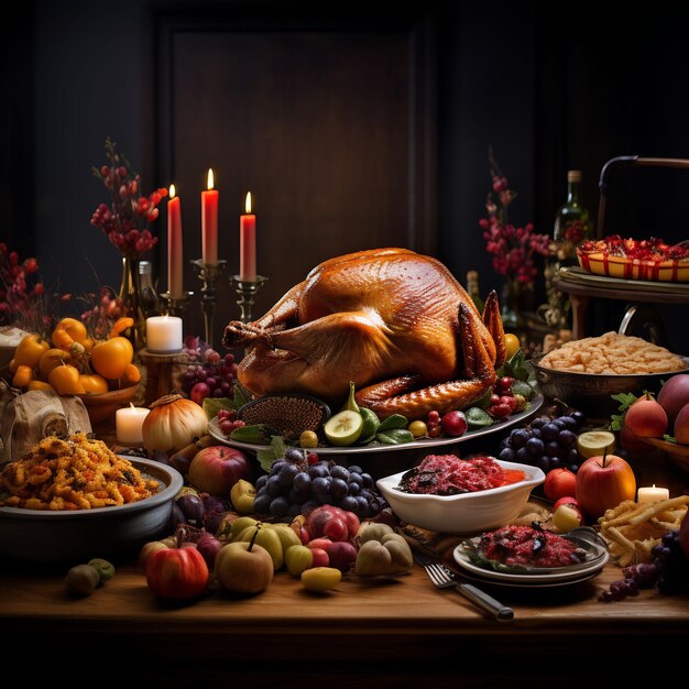 Photograph of a wonderful decorated thanksgiving table full with food and loveley details