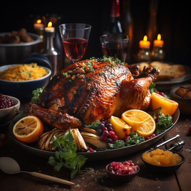 Photo photograph of a wonderful decorated thanksgiving table full with food and loveley details