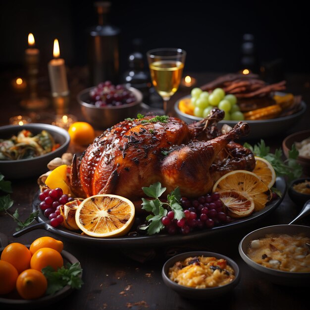 Photo photograph of a wonderful decorated thanksgiving table full with food and loveley details