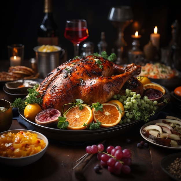 Photograph of a wonderful decorated thanksgiving table full with food and loveley details