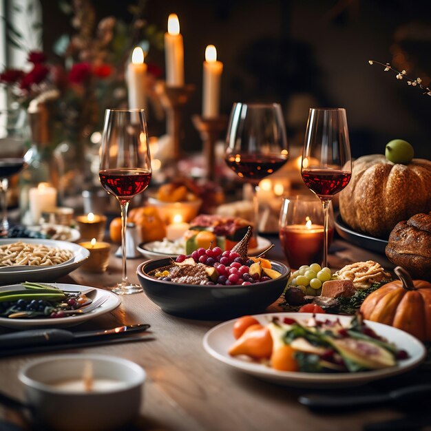 Photograph of a wonderful decorated thanksgiving table full with food and loveley details