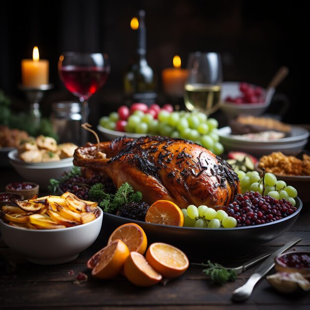 Photograph of a wonderful decorated thanksgiving table full with food and loveley details