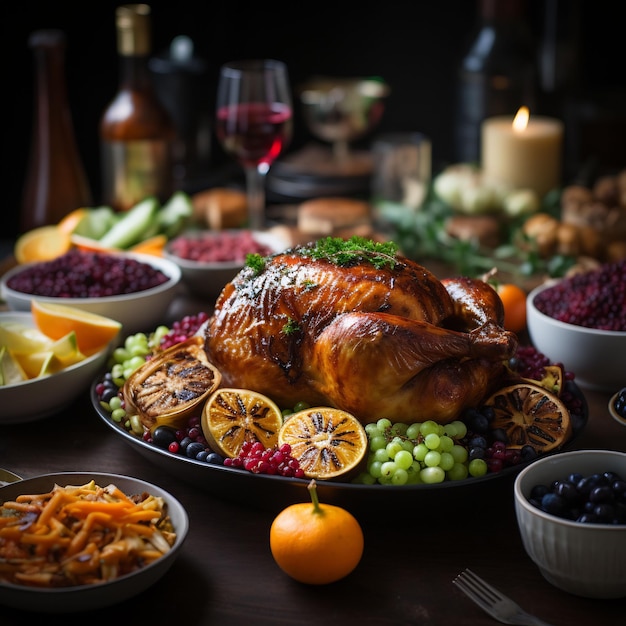 Photograph of a wonderful decorated thanksgiving table full with food and loveley details