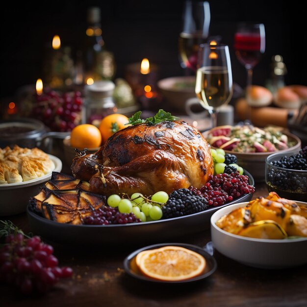 Photograph of a wonderful decorated thanksgiving table full with food and loveley details