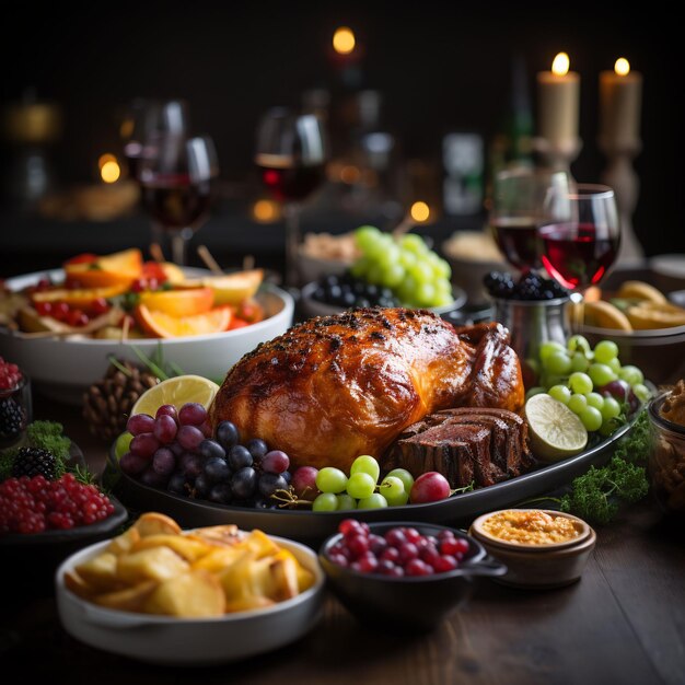 Photo photograph of a wonderful decorated thanksgiving table full with food and loveley details