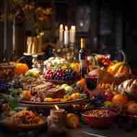 Photo photograph of a wonderful decorated thanksgiving table full with food and loveley details