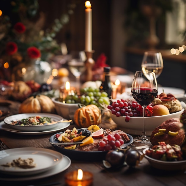 Foto fotografia di un tavolo di ringraziamento meravigliosamente decorato pieno di cibo e dettagli adorabili