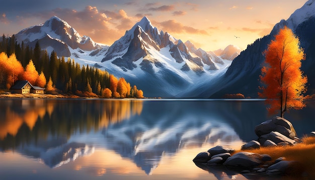 무대 뒤에 있는 산과 함께 산 호수의 예술 작품 사진