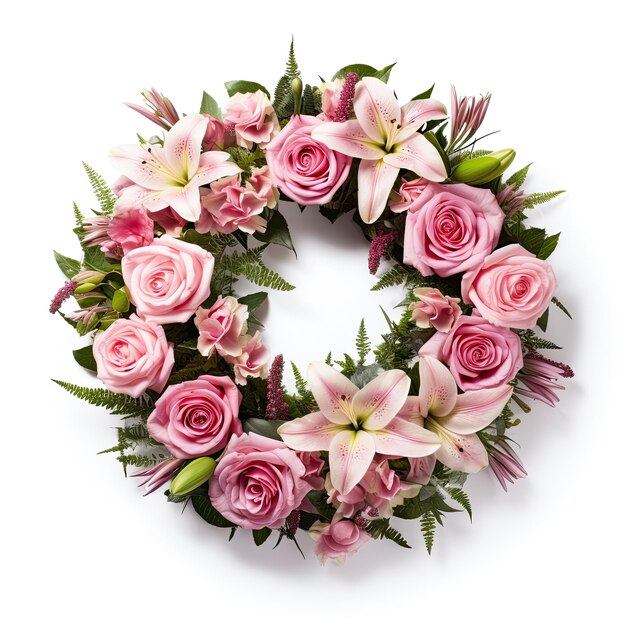 Photograph wreath of flowers isolated on white background