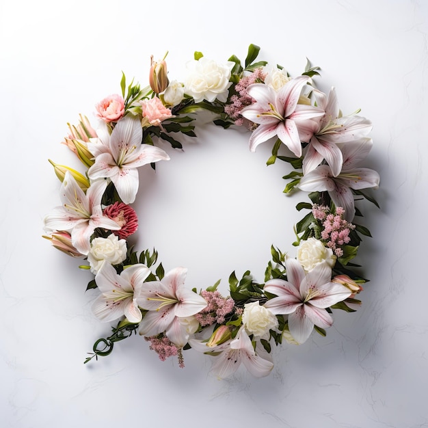 Photograph wreath of flowers isolated on white background