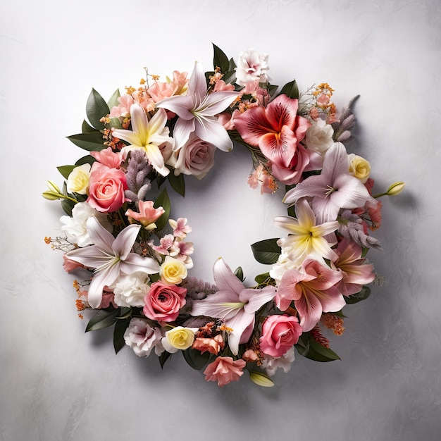 Photograph wreath of flowers isolated on white background