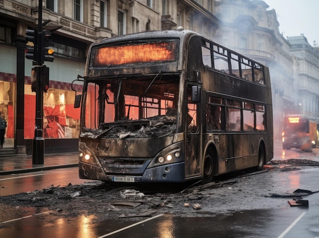 Photograph wreck charred burned bus in a city street