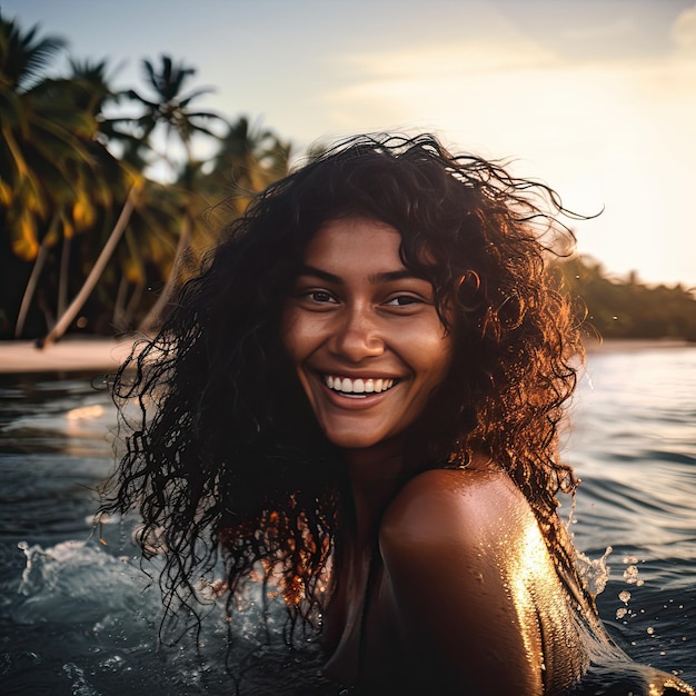 Photograph of a young brownskinned girl with wavy hair bathing in the sea It is an exotic place