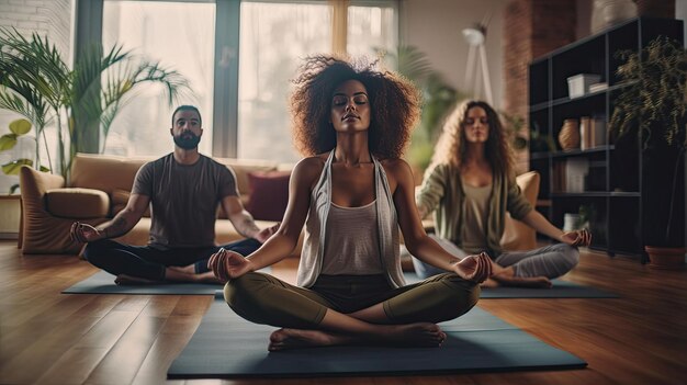 Photo photograph of young people do yoga at home