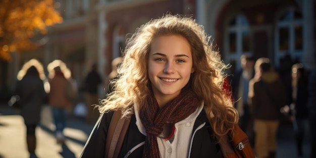 photograph of Young positive female student carrying books and a backpack through school