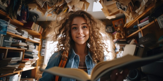 photograph of Young positive female student carrying books and a backpack through school