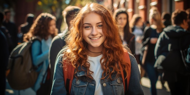 photograph of Young positive female student carrying books and a backpack through school