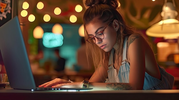 photograph of Young woman working on laptop in cafe Girl with tattoo