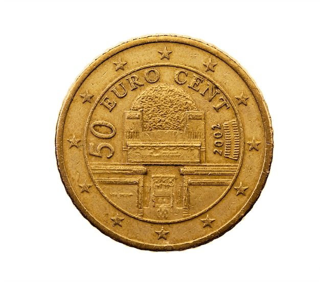 Сфотографирован крупным планом на белой монете евро пятьдесят центов, Австрия