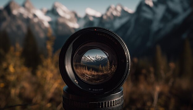 Photographer aiming SLR camera at mountain peak focusing on foreground generated by artificial intelligence