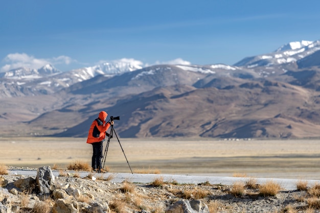 Photographer on the banks of the sacred lake Nam-TSO