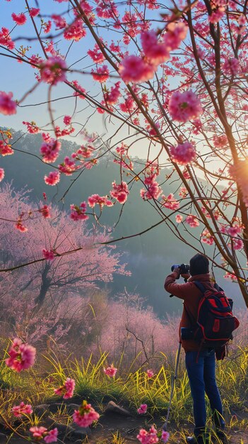 写真 写真家 は 朝 の 光 に 桜 の 花 を 撮影 し て い ます