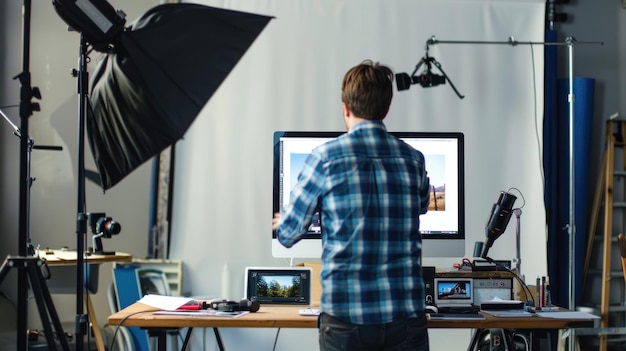 A photographer editing images on a computer in a studio