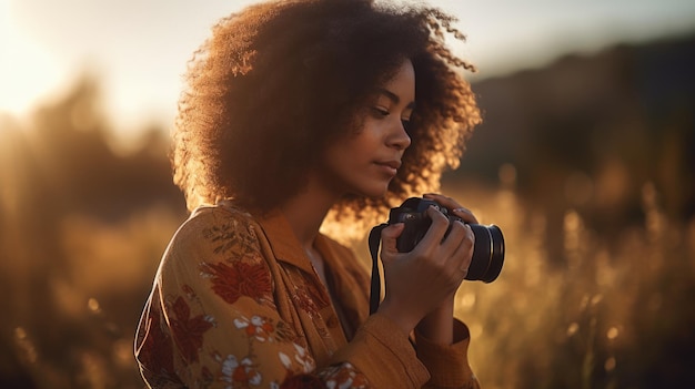 Photographer Female AfricanAmerican 50s Taking photos on location in Outdoor location Generative AI AIG22