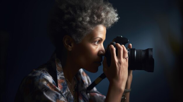 Photographer Female AfricanAmerican Middle Age Taking pictures at a fashion shoot in Studio Generative AI AIG22