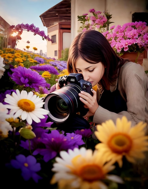 家の前の花畑にいる写真家の女の子