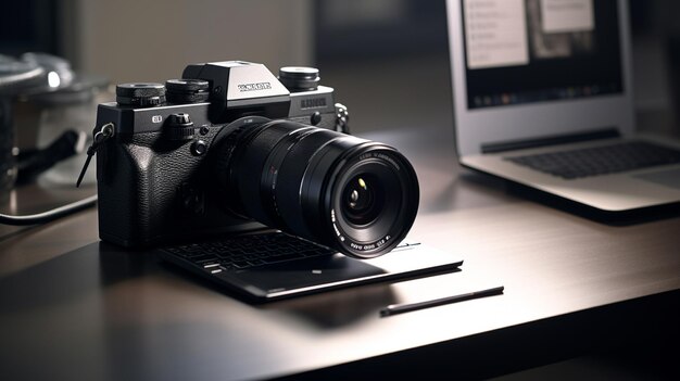 Photo photographer hand camera and computer on desk