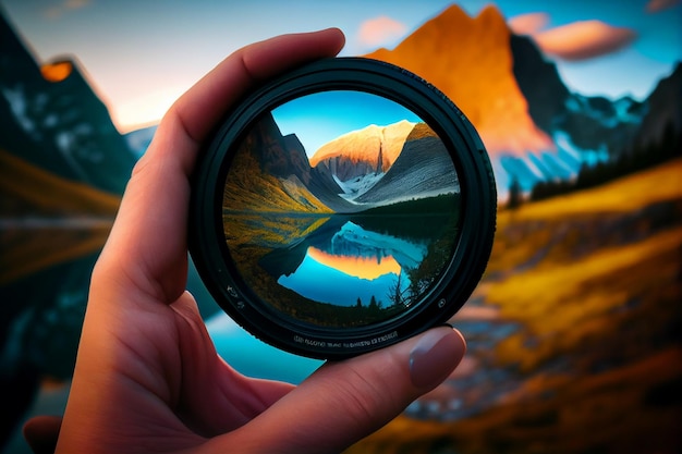 Photographer hand holds a protective filter from the lensgenerative ai