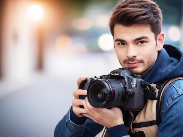 Photo photographer holding his camera with blur background