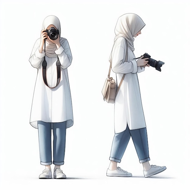 a photographer is holding a camera on a white background