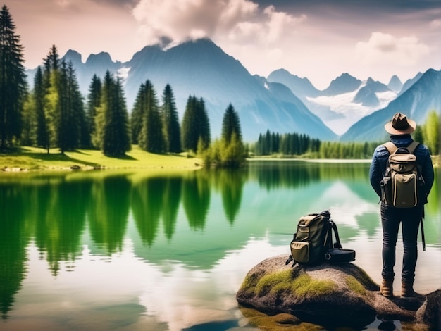 Photographer on nature landscape in the background