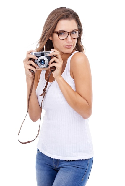 Photographer portrait or woman with retro camera in studio for multimedia production photoshoot and art blog on white background Journalist photography and content creation for paparazzi magazine