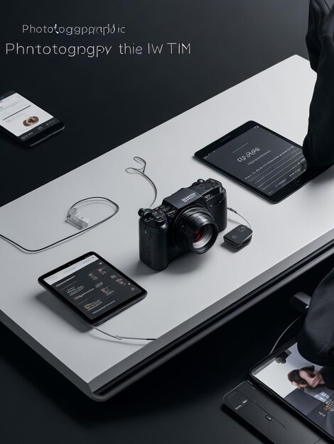 사진 색 배경에 있는 사진작가의 작업장 현대 노트북 디지털 카메라 렌즈 배터리 스마트