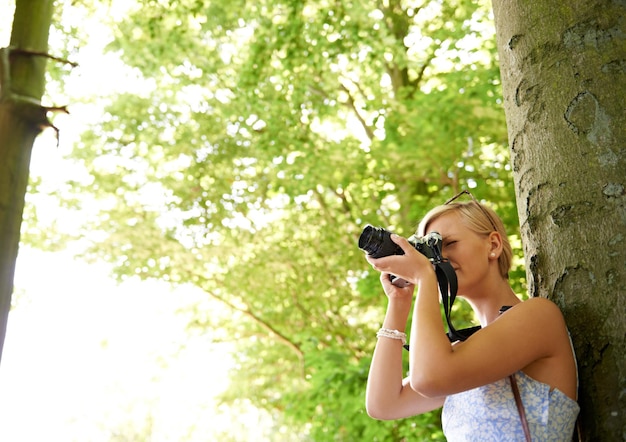 Foto fotografo che scatta e donna in natura con alberi piante e viaggi in ambiente parco forestale e freelance che filma ecologia all'aperto in vacanza estiva o turista con la tecnologia