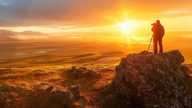 Photographer standing on a rock in the middle of a field of grass and heather with the sun setting behind him and a mountain range in the distance