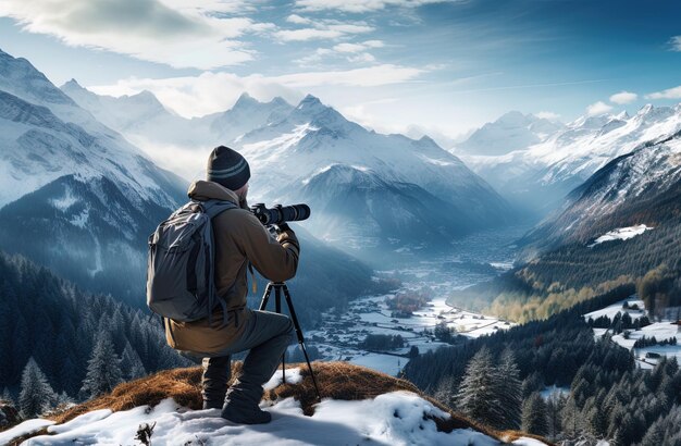 a photographer takes a photo of a mountain landscape with a camera.