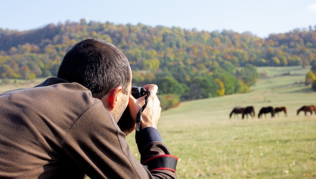 写真家は自然の中で馬の写真を撮ります