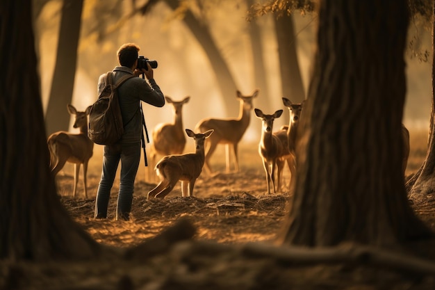 Photographer taking photo of wildlife man with camera and deers in the nature