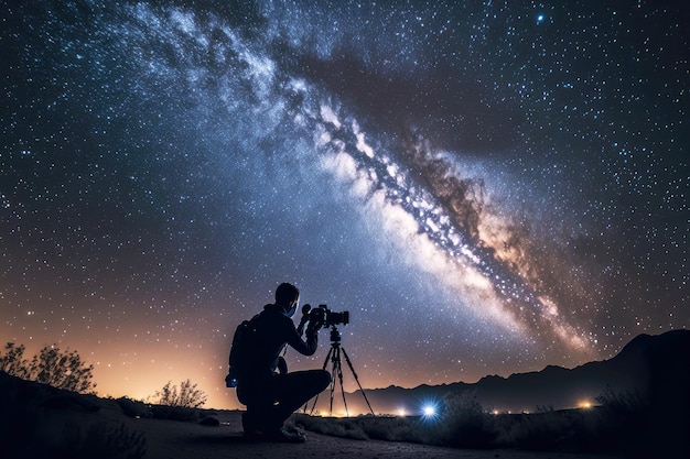 Photo photographer taking photographs of milky way on starfall night