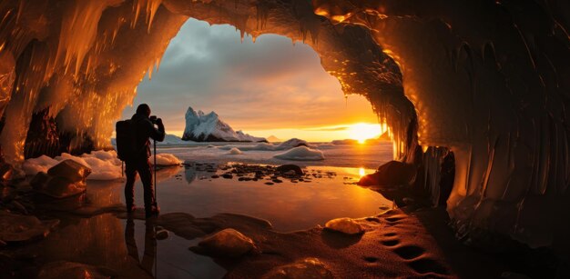 Фото Фотограф фотографирует в ледяной пещере возле захода солнца