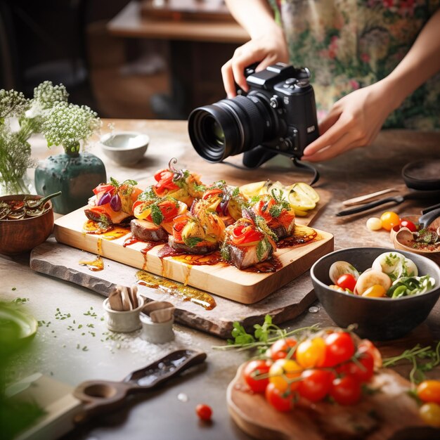 Фото Фотограф фотографирует вкусные суши-роллы с овощами на деревянном столе