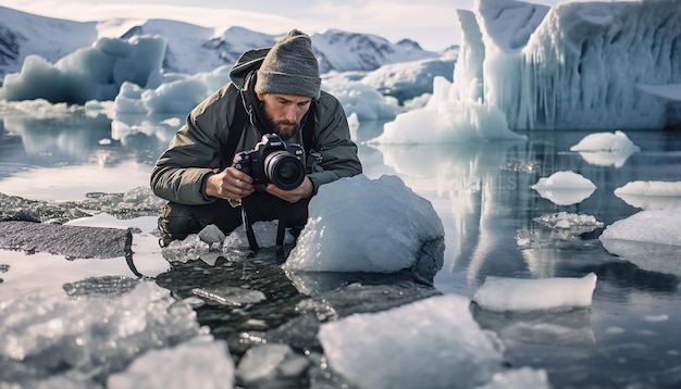 Photo photographer taking pictures of glaciers melting due to global warming