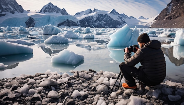 Photographer taking pictures of glaciers melting due to global warming