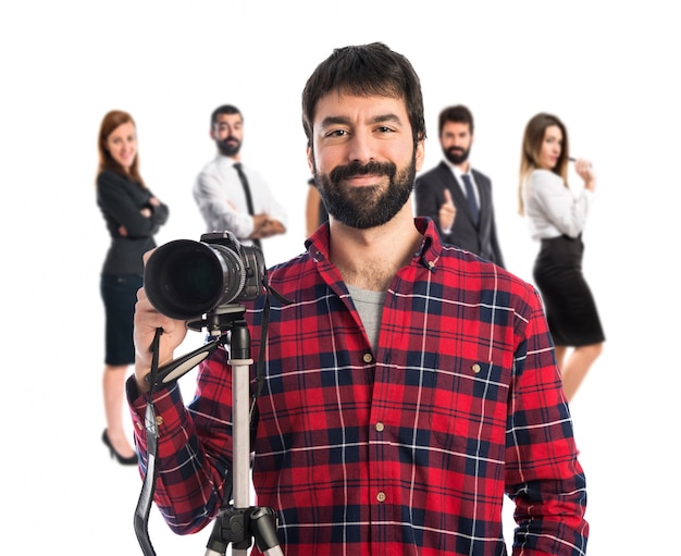 Photographer over white background