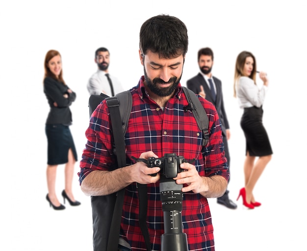 Photographer over white background