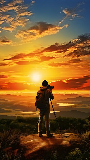 Photographer with camera and tripod capturing beautiful scenery of nature Greenery sunset sky